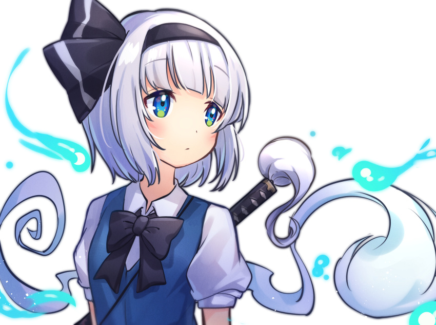 1girl bangs black_hairband black_neckwear black_ribbon blue_eyes bow bowtie commentary green_vest grey_hair hair_ribbon hairband highres katana konpaku_youmu konpaku_youmu_(ghost) ribbon shirt short_hair short_sleeves simple_background solo suguharu86 sword sword_behind_back tassel touhou upper_body vest weapon white_background white_shirt