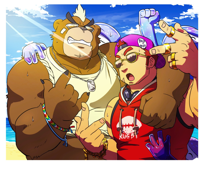 2boys alternate_costume animal_ears arm_around_shoulder ashigara_(tokyo_houkago_summoners) backwards_hat bara bare_shoulders baseball_cap beach bear_boy bear_ears brown_hair commentary_request day facial_hair forked_eyebrows furry gesture_request goatee green_hair gunzo_(tokyo_houkago_summoners) hat highres hood hoodie looking_at_viewer male_focus multiple_boys muscular muscular_male outdoors pectorals red_hoodie ruizu_(takakisan503) sand short_hair sleeveless sleeveless_hoodie stubble sun sunglasses sweat thick_eyebrows tokyo_houkago_summoners upper_body