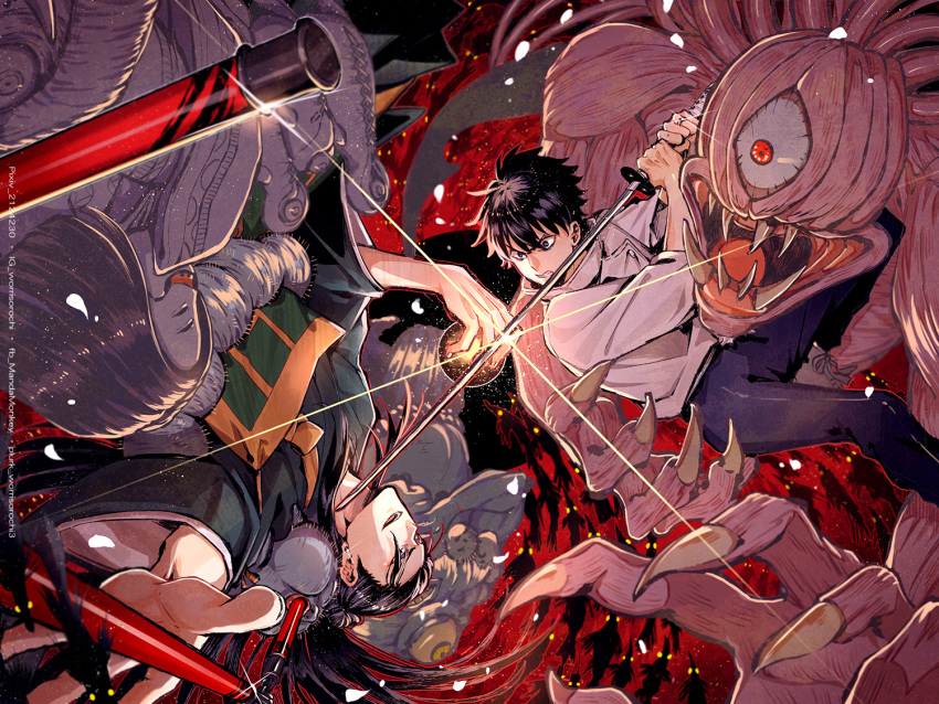 2boys artist_name ball bangs battle black_eyes black_hair black_kimono black_pants clenched_teeth ear_piercing feet_out_of_frame fighting_stance fingernails getou_suguru hair_between_eyes hair_bun hair_pulled_back high_collar holding holding_sword holding_weapon jacket japanese_clothes jewelry jujutsu_kaisen katana kimono long_hair long_sleeves looking_at_another male_focus monster multiple_boys okkotsu_yuuta one-eyed open_mouth orimoto_rika pants piercing red_background ring school_uniform sharp_fingernails sharp_teeth short_hair sword teeth three_section_staff weapon white_jacket wide_sleeves worrisorochi