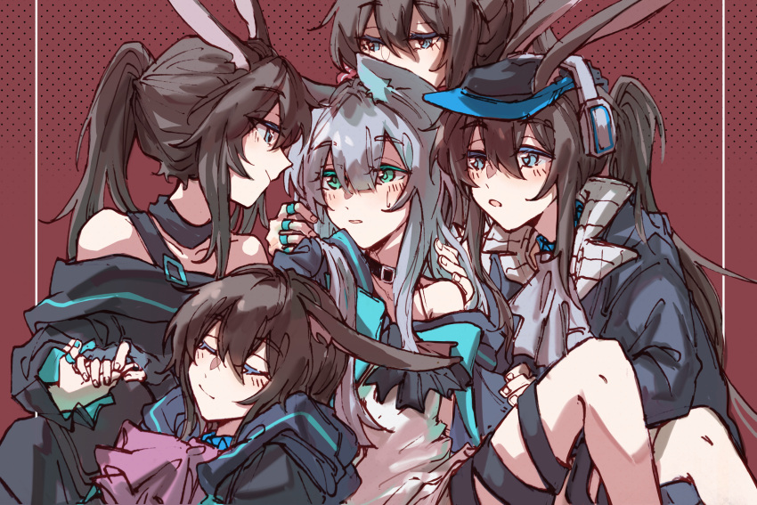 5girls alternate_costume amiya_(arknights) amiya_(newsgirl)_(arknights) animal_ears arknights ascot bangs bare_shoulders blue_eyes blunt_bangs blush brown_hair bunny_ears cabbie_hat cat_ears cat_girl chinese_commentary choker closed_eyes commentary_request cravat dress e-fa-dorn ears_down eye_contact eyebrows_visible_through_hair fingerless_gloves girl_sandwich gloves green_eyes harem hat headphones highres holding_hand jacket jewelry long_hair looking_at_another multiple_girls multiple_persona off-shoulder_dress off_shoulder official_alternate_costume ponytail rabbit_girl ring rosmontis_(arknights) sandwiched silver_hair sweatdrop thigh_strap yuri