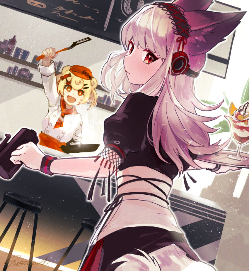 animal_ears arknights bangs bear_ears blonde_hair chef chef_hat chef_uniform coffee_pot commentary_request double_bun drink fox_ears fox_tail frostleaf_(arknights) frying_pan gummy_(arknights) hair_ornament hairclip hand_up hat headphones highres holding holding_drink holding_frying_pan holding_spatula holding_tray infection_monitor_(arknights) long_hair parfait short_hair short_sleeves smile spatula sutoa tail tray