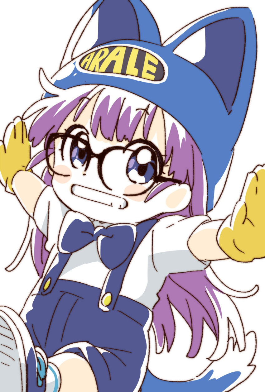 1girl baseball_cap blue_eyes dr._slump glasses gloves hat highres long_hair looking_at_viewer namori norimaki_arale open_mouth purple_hair simple_background solo white_background