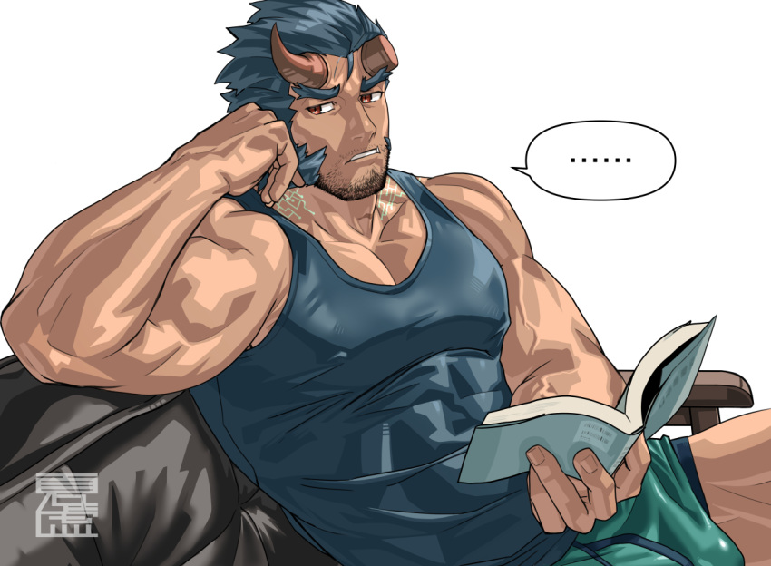 ... 1boy bara bare_shoulders beard biceps blue_tank_top book boxer_briefs broken_horn bulge couch covered_abs covered_nipples dark_blue_hair demon_boy demon_horns elbow_rest facial_hair fang fiery_horns green_male_underwear holding holding_book horns long_sideburns looking_at_viewer male_cleavage male_focus male_underwear mature_male monmonhomon muscular muscular_male on_couch open_book pectorals red_eyes short_hair sideburns sidepec solo stubble takemaru_(tokyo_houkago_summoners) tank_top thick_eyebrows tokyo_houkago_summoners underwear veins