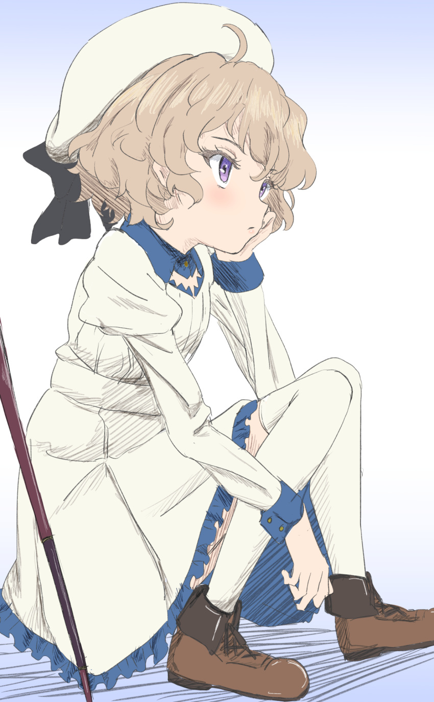 1girl ahoge ankle_boots boots brown_footwear brown_hair closed_mouth dress fold-over_boots from_side hat highres iwanaga_kotoko juliet_sleeves kyokou_suiri long_sleeves profile puffy_sleeves purple_eyes sincos sitting solo thighhighs white_dress white_headwear white_legwear