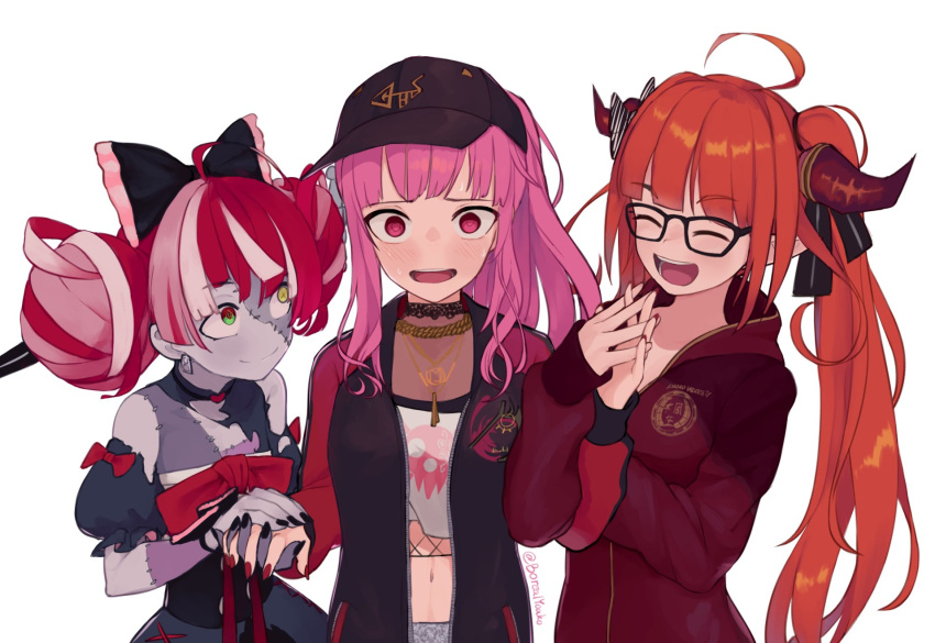 3girls ahoge bangs baseball_bat black-framed_eyewear black_headwear black_nails black_ribbon blush bow closed_eyes commentary diagonal-striped_bow dragon_girl dragon_horns emblem english_commentary eyebrows_visible_through_hair facing_another fingernails glasses hair_ribbon heterochromia highres holding holding_hands hololive hololive_english hololive_indonesia hood hood_down hooded_track_jacket horn_bow horn_ornament horns interlocked_fingers jacket jewelry kiryu_coco kureiji_ollie locked_arms long_hair long_sleeves looking_at_another looking_at_viewer midriff mori_calliope multicolored_hair multiple_girls nail_polish navel necklace number official_alternate_costume open_clothes open_jacket open_mouth orange_hair pink_eyes pink_hair pointy_ears ponytail red_hair red_jacket red_nails ribbon sidelocks simple_background skull_print streaked_hair striped striped_bow sweat sword sword_in_head tank_top torn_clothes track_jacket twintails upper_body weapon white_background white_hair yoako zombie