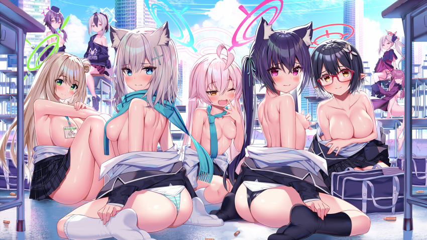 akusema animal_ears asagi_mutsuki ass black_hair blue_archive blush breast_hold breasts brown_hair building city clouds glasses gray_hair green_eyes group halo hat igusa_haruka izayoi_nonomi kneehighs kuromi_serika no_bra okusora_ayane onikata_kayoko open_shirt panties pink_hair pointed_ears ponytail purple_hair rikuhachima_aru scarf school_uniform short_hair skirt sky striped_panties sunaookami_shiroko takanashi_hoshino twintails underwear wink