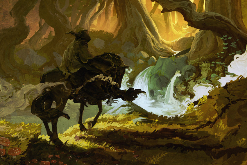 1boy absurdres anato_finnstark artist_name brown_cloak cloak forest from_side fungus grass highres hood hooded_cloak horse legendarium mushroom nature nazgul outdoors red_eyes riding river scenery sitting smoke the_lord_of_the_rings torn_clothes tree water