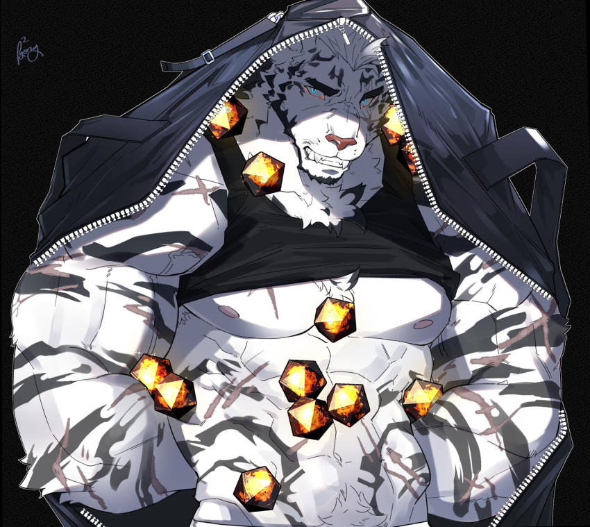 1boy abs animal_ears arknights arms_behind_back bara bare_pectorals black_tank_top blue_eyes bound bound_arms chest_hair chest_tuft clothes_lift frown furry gameplay_mechanics glowing glowing_eyes highres large_pectorals male_focus mountain_(arknights) muscular muscular_male navel navel_hair nipples originium_(arknights) p2yong pectorals scar scar_across_eye scar_on_arm scar_on_chest shirt_lift short_hair solo stomach summoning tank_top thick_eyebrows tiger_boy tiger_ears unzipped upper_body white_fur white_hair