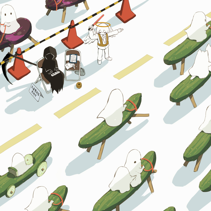 1boy absurdres angel avogado6 car chair commentary_request cucumber death_(entity) from_above ghost ground_vehicle highres holding hood hood_up motor_vehicle original riding road scythe shouryouuma sitting traffic traffic_baton traffic_cone vest