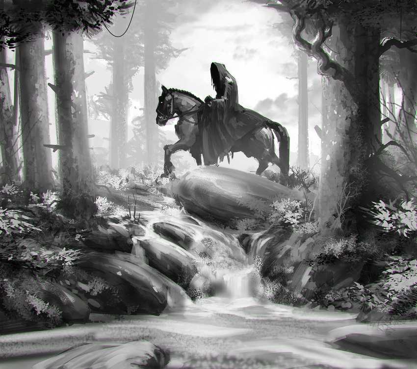 1boy absurdres bush commentary english_commentary facing_to_the_side facing_viewer flower forest from_side grey_background greyscale hidden_face highres hood hood_up horse kalmahul legendarium monochrome nature nazgul riding robe stream the_lord_of_the_rings tree water