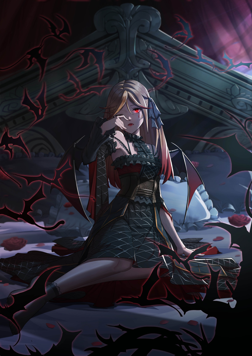 1girl absurdres bare_shoulders bat bat_wings black_dress blonde_hair blood bloody_tears breasts chinese_commentary detached_sleeves dress duel_monster flower frills glowing glowing_eyes gradient_hair hair_between_eyes highres long_hair multicolored_hair on_bed one_eye_closed open_mouth pillow red_eyes red_hair rose sitting socks solo tears vampire vampire_fraulein veins wings wiping_tears yokozuwari yu-gi-oh! yuanhe_mx