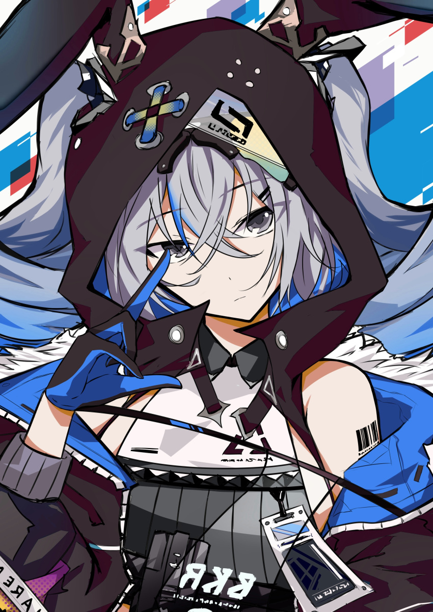 1girl absurdres animal_ears animal_hood barcode_tattoo bare_shoulders black_jacket bronya_zaychik bronya_zaychik_(haxxor_bunny) bunny_ears closed_mouth drill_hair gloves grey_eyes grey_hair hair_between_eyes highres honkai_(series) honkai_impact_3rd hood hoodie jacket mutsu_aya solo tattoo twin_drills two-tone_gloves