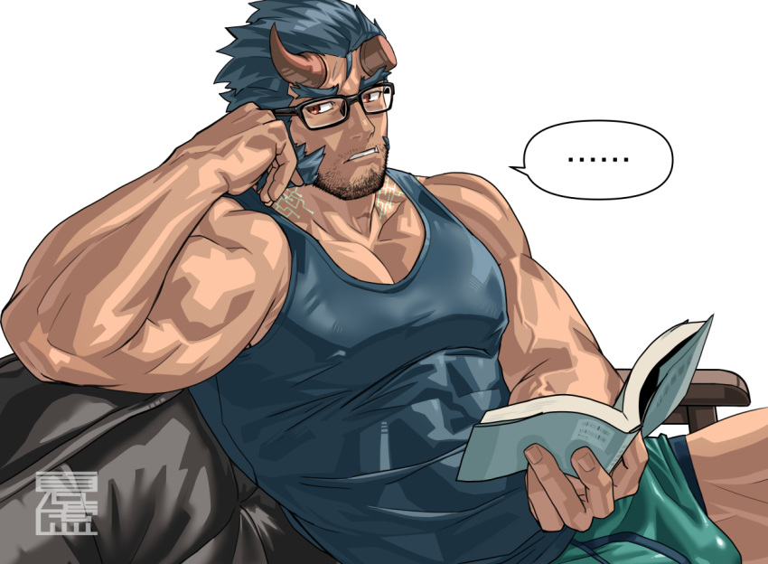 ... 1boy bara bare_shoulders beard biceps black-framed_eyewear blue_tank_top book boxer_briefs broken_horn bulge couch covered_abs covered_nipples dark_blue_hair demon_boy demon_horns elbow_rest facial_hair fang fiery_horns glasses green_male_underwear holding holding_book horns long_sideburns looking_at_viewer male_cleavage male_focus male_underwear mature_male monmonhomon muscular muscular_male on_couch open_book pectorals red_eyes short_hair sideburns sidepec solo stubble takemaru_(tokyo_houkago_summoners) tank_top thick_eyebrows tokyo_houkago_summoners underwear veins