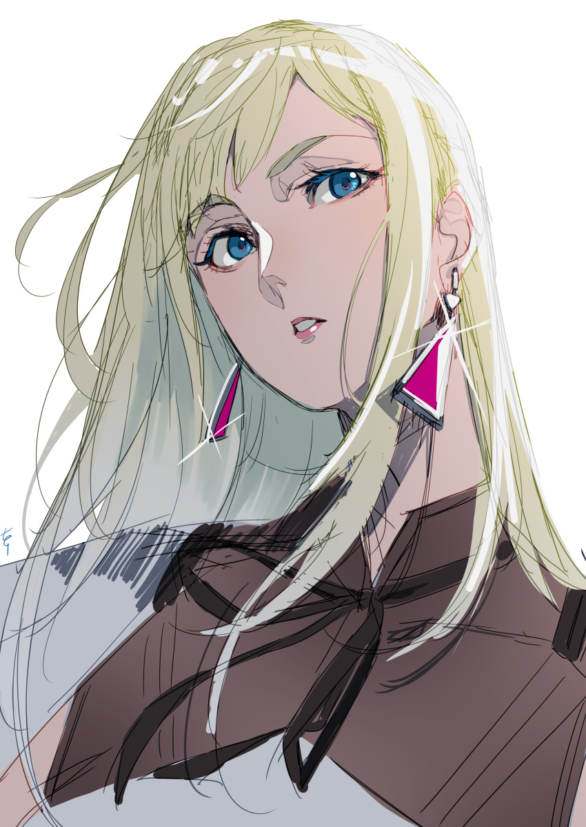 1girl absurdres bangs blonde_hair blue_eyes commentary_request earrings eyebrows_visible_through_hair gigi_andalusia gundam gundam_hathaway's_flash highres jewelry long_hair looking_at_viewer nana_g see-through sidelocks solo upper_body white_background