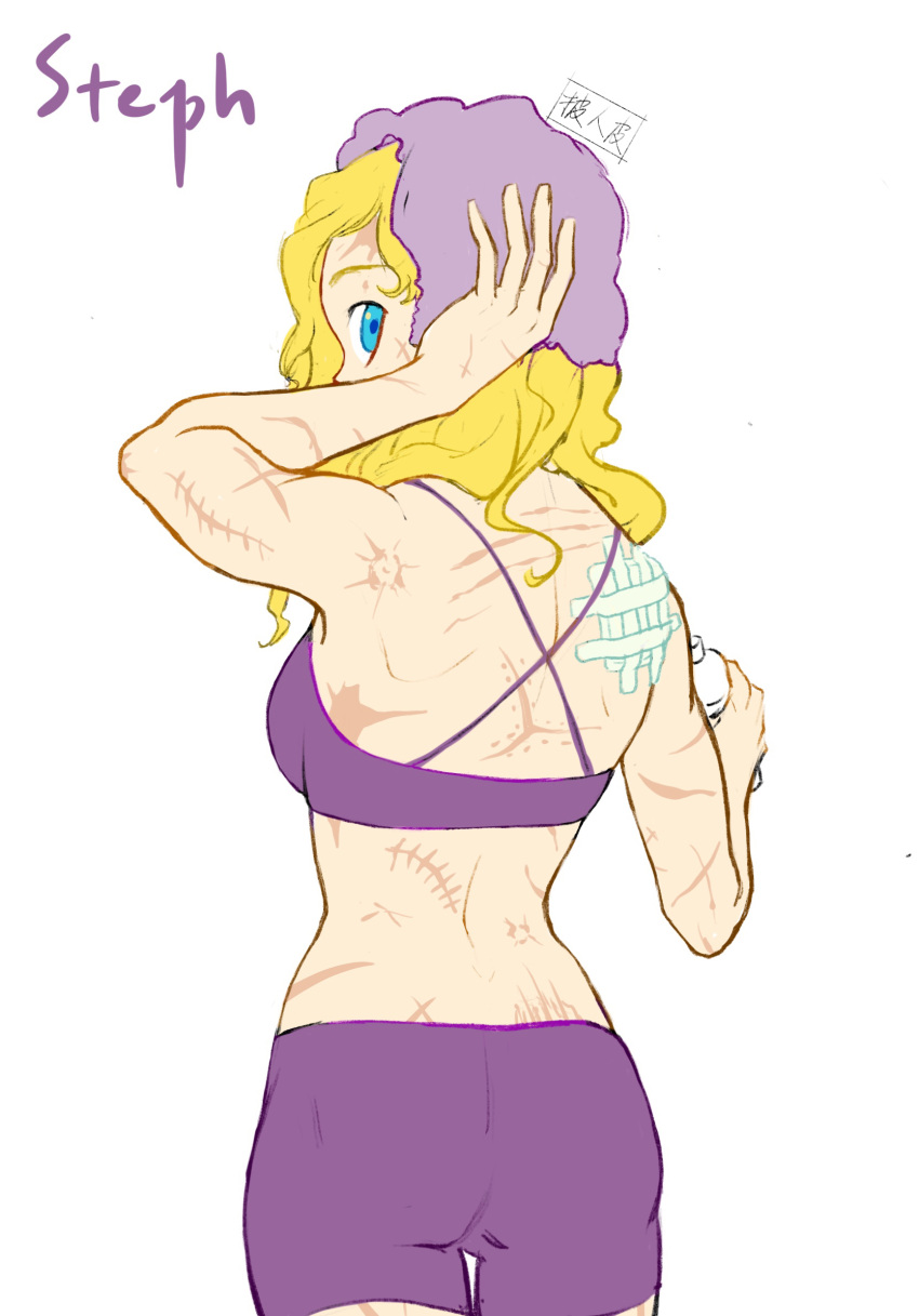 artist_request ass bandages batgirl bike_shorts blonde_hair blue_eyes bottle breasts dc_comics drying drying_body drying_hair facing_away from_behind highres looking_at_viewer looking_back medium_breasts medium_hair purple_shorts purple_sports_bra scar scar_on_arm scar_on_cheek scar_on_chest scar_on_face scar_on_leg shorts sideboob sports_bra stephanie_brown towel walking_away water_bottle