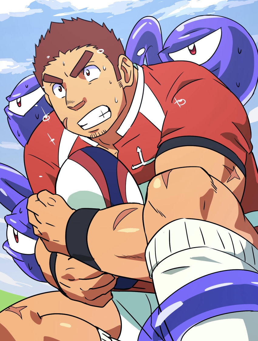 1boy bara brown_hair facial_hair goatee gunzo_(tokyo_houkago_summoners) highres male_focus muscular muscular_male red_shirt rugby rugby_ball rugby_uniform ruizu_(takakisan503) scar_on_leg shirt short_hair shorts sideburns socks solo spirit sportswear stubble sweat thick_eyebrows tokyo_houkago_summoners white_shorts