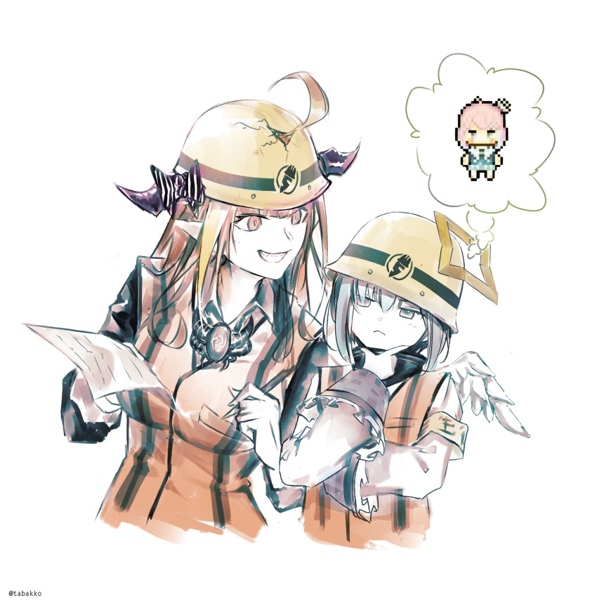 2girls :&lt; absurdres alternate_costume amane_kanata angel_wings armband blonde_hair blue_hair bow breasts broken_helmet brooch closed_mouth commentary crack cropped_torso diagonal-striped_bow dragon_horns grin hair_between_eyes halo hand_on_own_chin hardhat helmet highres himemori_luna holding holding_paper hololive horn_bow horns imagining jacket jewelry kiryu_coco logo long_hair long_sleeves looking_at_another medium_breasts mr.holmes multicolored_hair multiple_girls orange_hair orange_vest paper pointy_ears purple_eyes short_hair side-by-side silver_hair simple_background smile streaked_hair symbol_commentary thinking thought_bubble two-tone_hair upper_body vest virtual_youtuber white_background white_jacket wings yellow_headwear