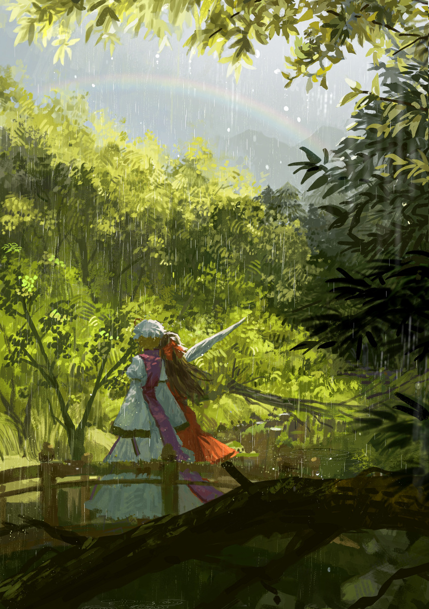 2girls absurdres blonde_hair branch bridge brown_hair dress forest from_side hakurei_reimu hat highres long_hair mob_cap multiple_girls nature ouka_musci outdoors rain rainbow red_dress scenery tabard touhou tree updo white_dress yakumo_yukari