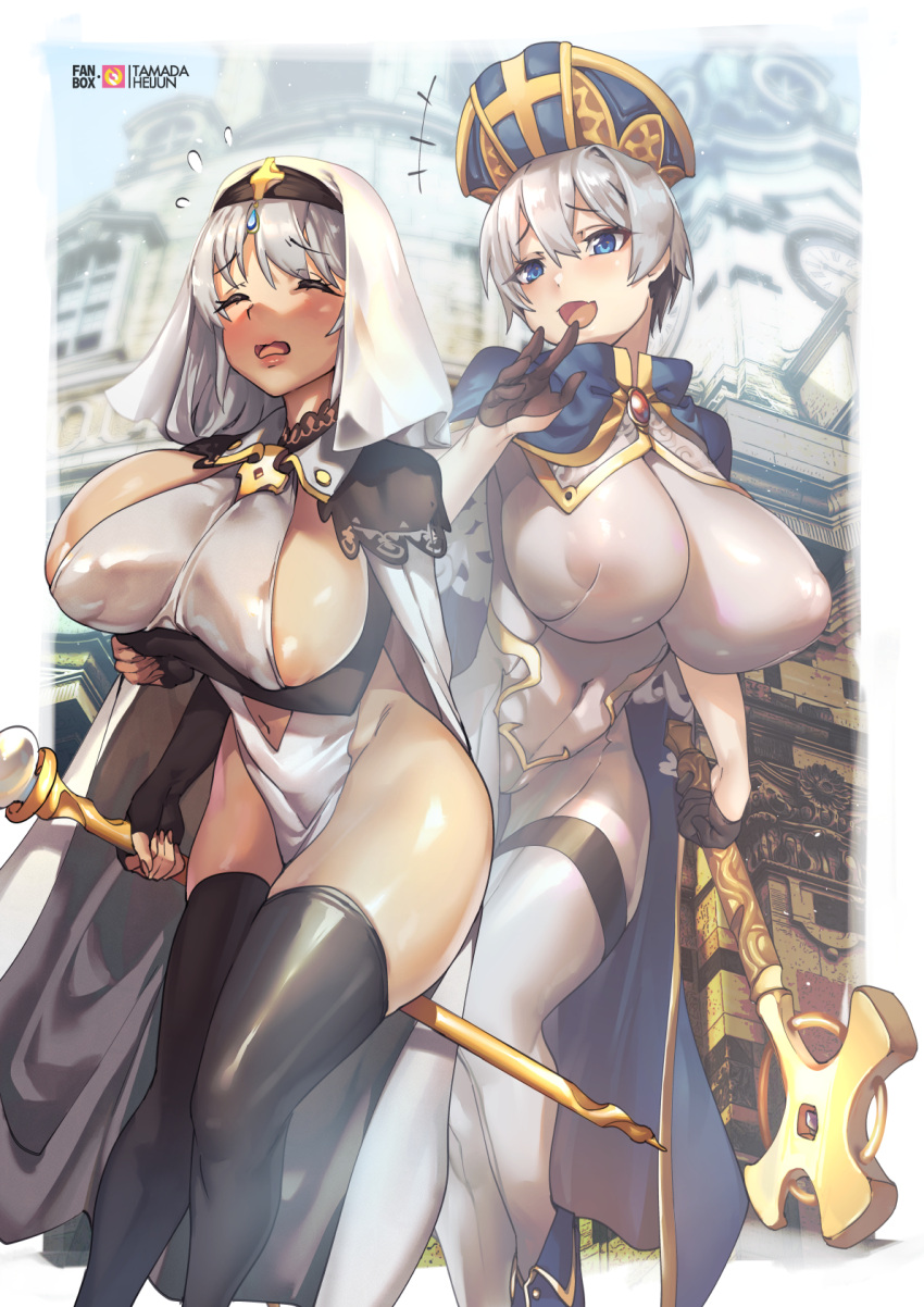 +++ 2girls blue_eyes blush bodysuit breasts closed_eyes covered_nipples ear_blush elbow_gloves fang fingerless_gloves flying_sweatdrops gloves grey_hair hair_between_eyes half_gloves highres huge_breasts large_breasts laughing mature_female mitre mother_and_daughter multiple_girls open_mouth revealing_clothes short_hair skin_tight smile smug tamada_heijun thighhighs uzaki-chan_wa_asobitai! uzaki_hana uzaki_tsuki