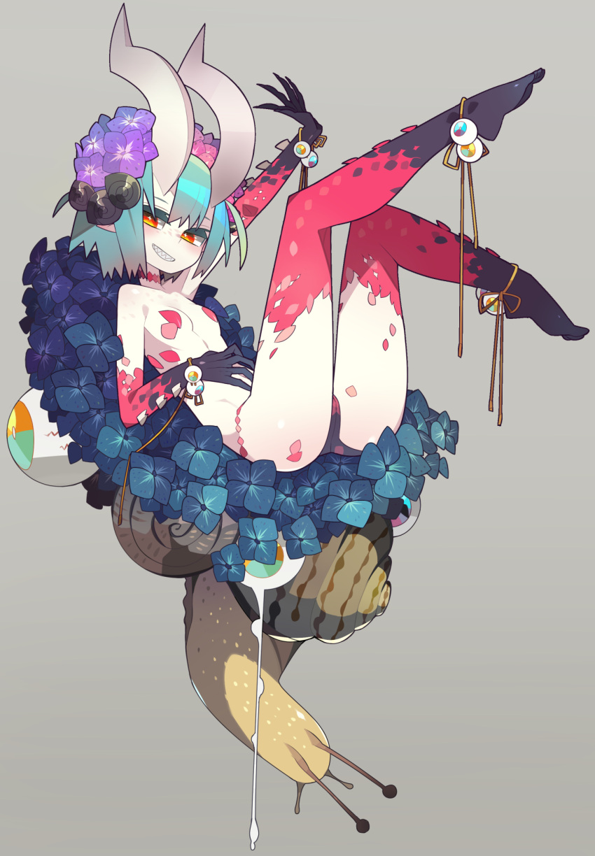 +_+ 1girl animal ankle_ribbon aqua_hair arm_up barefoot black_panties black_skin blue_flower breasts choker colored_skin commentary_request dripping_eye eyeball feet_up fingernails flower grey_background grin hair_flower hair_ornament hand_on_own_stomach highres horns hydrangea kometsubu legs_up looking_at_viewer multicolored multicolored_skin oni_horns original oversized_animal panties parted_lips pasties pointy_ears purple_flower red_choker red_scales red_skin ribbon scales sharp_fingernails sharp_teeth short_hair simple_background small_breasts smile smirk snail snail_hair_ornament snail_shell solo teeth topless underwear wrist_ribbon yellow_ribbon