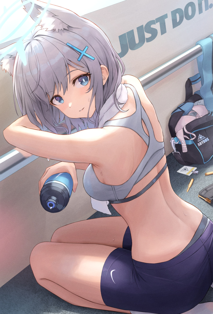 1girl animal_ears back bag bare_arms bare_shoulders bike_shorts black_shorts blue_archive blue_eyes bottle bra bra_removed breasts bright_pupils bullet cartridge commentary crop_top duffel_bag extra_ears from_behind grey_hair halo hamstarhand highres holding long_hair looking_at_viewer looking_back magazine_(weapon) medium_breasts midriff mismatched_pupils nike panties panty_peek parted_lips seiza shiroko_(blue_archive) short_shorts shorts sitting sleeveless socks solo sports_bra stanag_magazine sweat thighs towel towel_around_neck underwear water_bottle