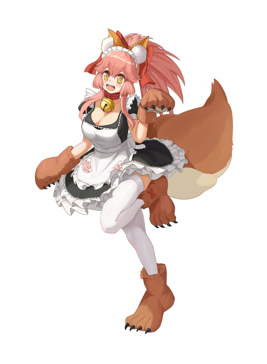 1girl animal_ear_fluff animal_ears apron artist_request bell blush_stickers breasts cat_paws cleavage collar curvy eyebrows_visible_through_hair fangs fate/grand_order fate_(series) fox_ears fox_girl fox_tail gloves hair_ribbon highres jingle_bell large_breasts long_hair looking_at_viewer maid neck_bell open_mouth paw_gloves paw_shoes paws pink_hair plump ponytail red_ribbon ribbon shoes simple_background solo standing tachi-e tail tamamo_(fate)_(all) tamamo_cat_(fate) thighhighs white_background white_legwear yellow_eyes