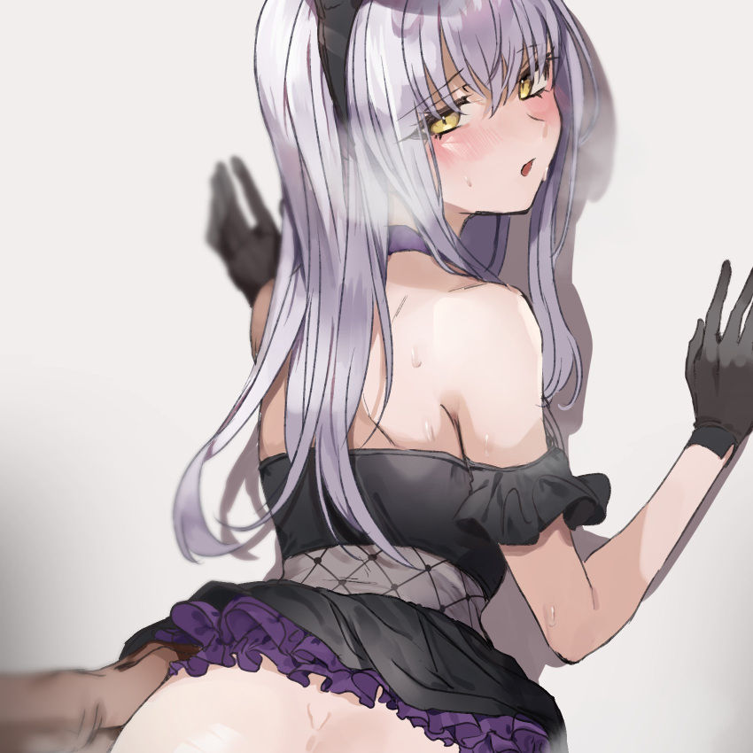 1boy 1girl bang_dream! bangs bare_back bare_shoulders bent_over black_gloves blurry blurry_background blush butt_crack clothes_lift commission dark-skinned_male dark_skin dress dress_lift frilled_dress frills from_behind gloves grey_background hairband hand_on_another's_hip heavy_breathing hetero highres implied_sex kiyomasa_(dangan) leaning_forward light_purple_hair long_hair looking_at_viewer looking_back male_hand minato_yukina open_mouth pov shadow sidelocks silver_hair sleeveless sleeveless_dress solo_focus sweat yellow_eyes