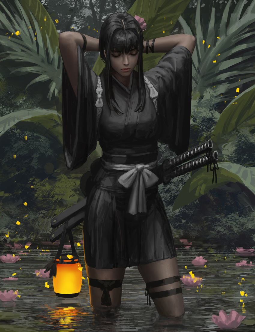 1girl arms_behind_head arms_up black_hair black_kimono black_sash breasts closed_eyes closed_mouth commentary eyebrows_visible_through_hair facing_viewer flower flower_on_liquid guweiz hair_flower hair_intakes hair_ornament highres japanese_clothes katana kimono lantern lips long_hair nose obi original outdoors pink_flower plant realistic reflection sash sheath sheathed short_sleeves sidelocks small_breasts solo standing sword symbol_commentary tasuki wading water weapon wide_sleeves