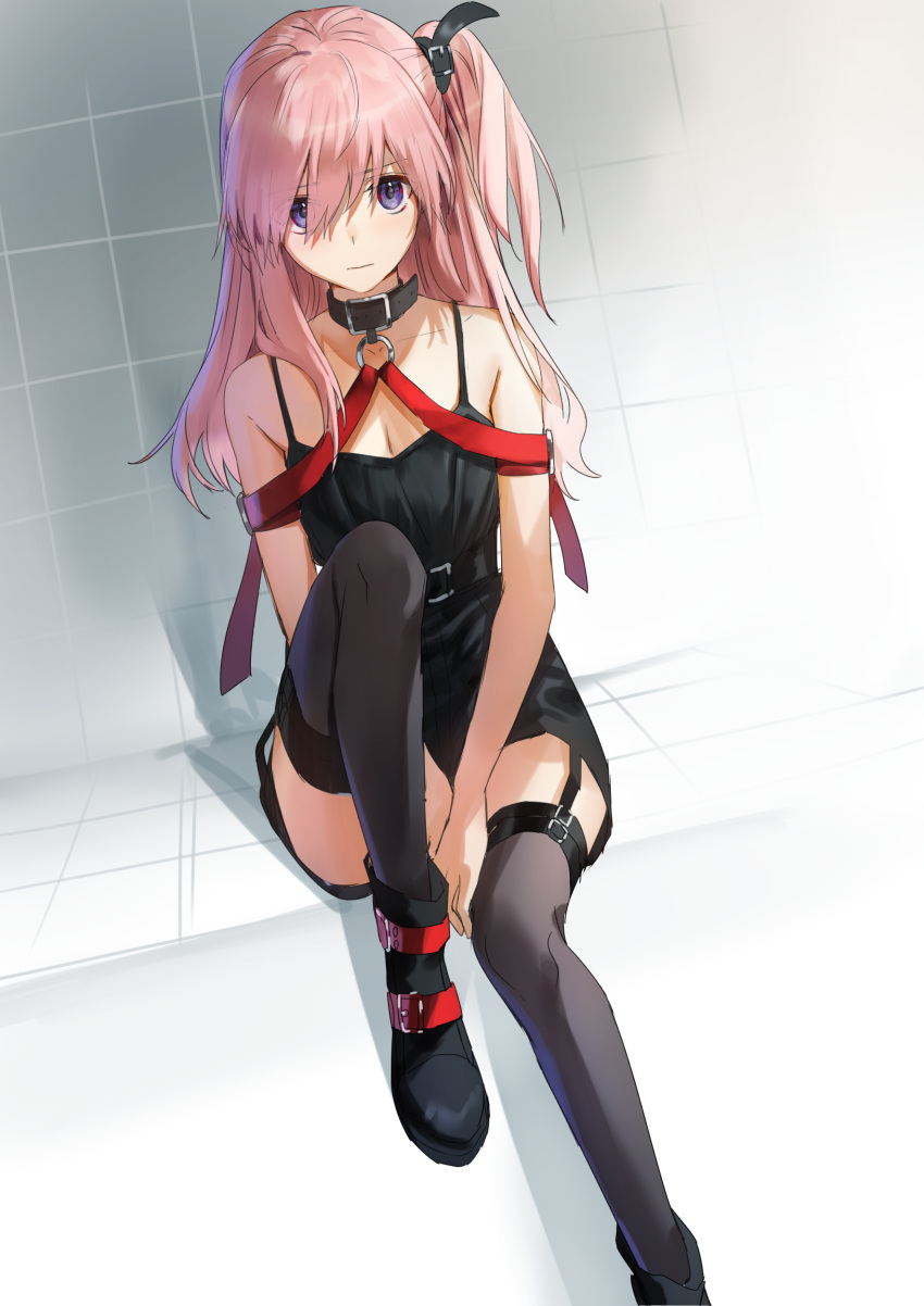 1girl absurdres bare_arms bare_shoulders belt between_legs black_choker black_dress black_legwear boots breasts choker closed_mouth convenient_arm dress hieung highres knee_up long_hair looking_at_viewer one_side_up original pink_hair purple_eyes short_dress sitting sleeveless sleeveless_dress small_breasts solo spaghetti_strap thighhighs