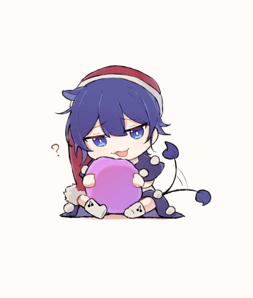 1girl :3 ? animal_ears beige_background black_capelet black_skirt blue_eyes blue_hair bright_pupils capelet cheek_squash chibi doremy_sweet dream_soul full_body hat highres idaku looking_at_viewer nightcap object_hug open_mouth pom_pom_(clothes) red_headwear shirt short_hair simple_background skirt smile solo tail tail_wagging tapir_ears tapir_tail touhou white_shirt