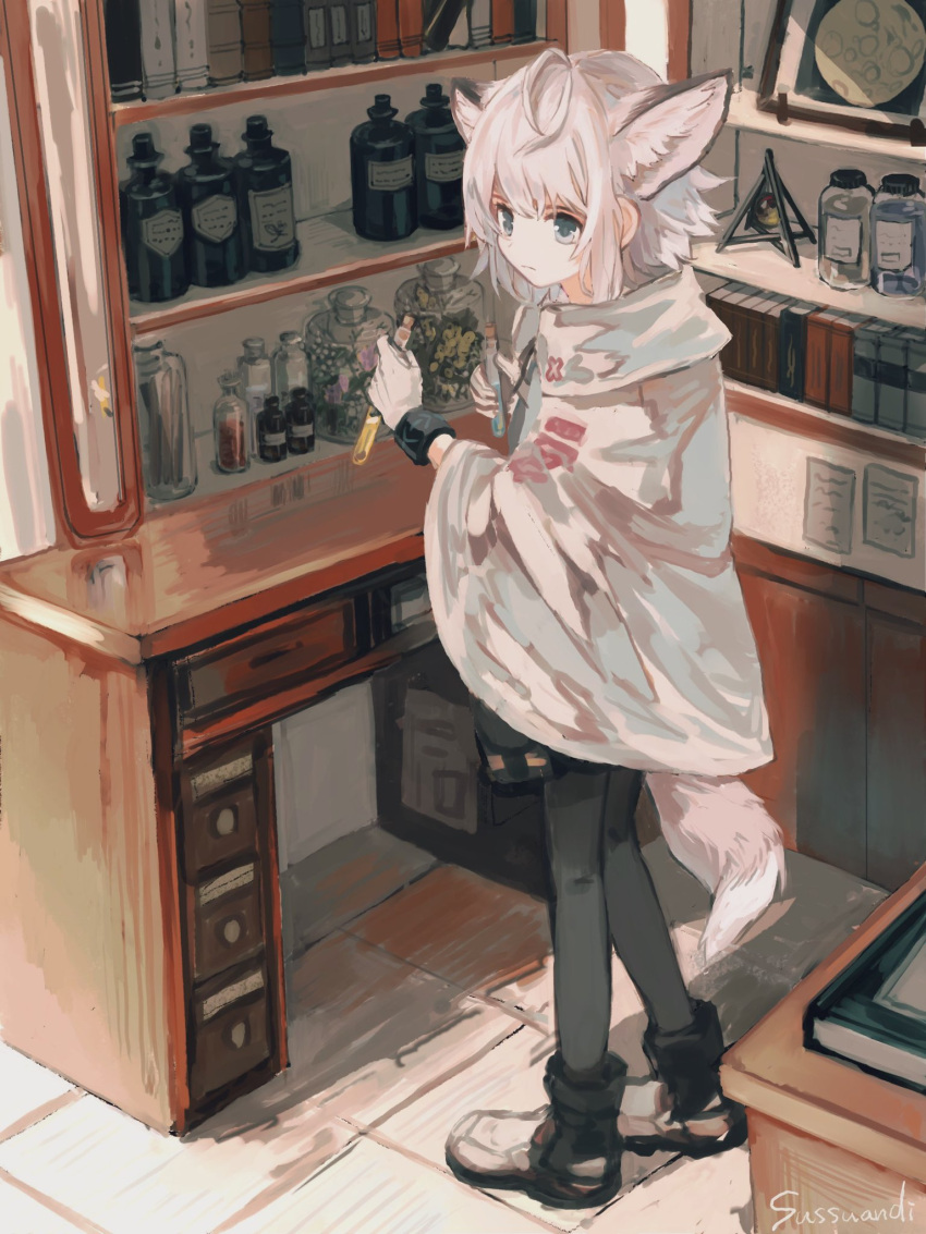 1girl ahoge animal_ears arknights black_footwear black_legwear blue_eyes book boots bottle cape commentary desk extra_ears fox_ears fox_girl fox_tail full_body grey_hair highres holding indoors infection_monitor_(arknights) looking_to_the_side pantyhose shelf short_hair solo standing sussurro_(arknights) sutoa tail vial white_cape wristband