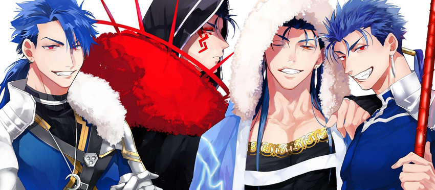 4boys beads blue_hair cape choker crescent_necklace cu_chulainn_(caster)_(fate) cu_chulainn_(fate)_(all) cu_chulainn_(fate/prototype) cu_chulainn_(fate/stay_night) cu_chulainn_alter_(fate/grand_order) dark_persona earrings facepaint fate/grand_order fate/prototype fate/stay_night fate_(series) fur-trimmed_cape fur_trim gae_bolg_(fate) grin hair_beads hair_ornament hand_on_another's_shoulder highres holding holding_polearm holding_weapon hood hood_up jewelry long_hair looking_at_viewer male_focus maripaka multiple_boys multiple_persona one_eye_closed polearm ponytail red_eyes simple_background skin_tight smile spiked_hair spikes weapon white_background