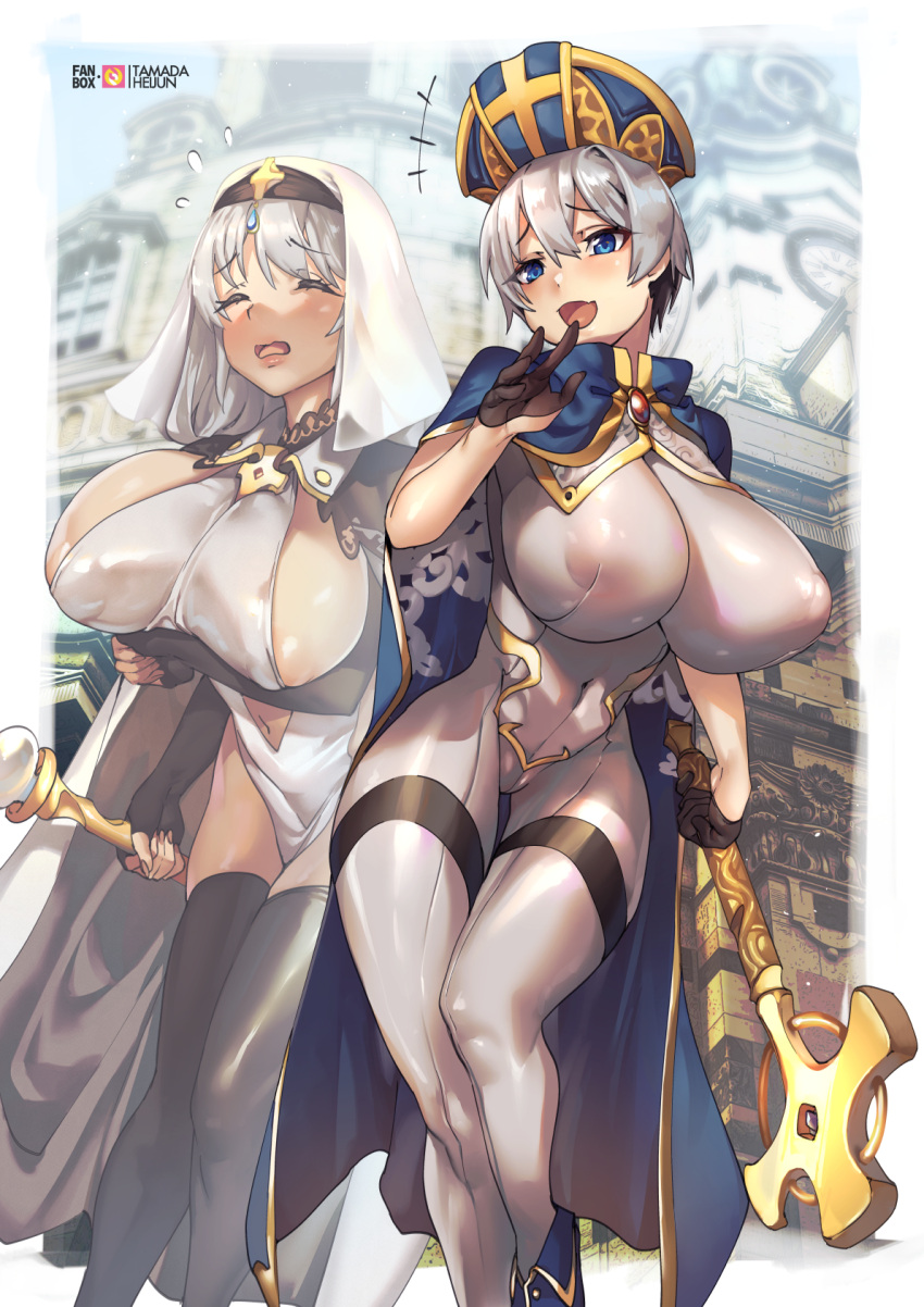 +++ 2girls blue_eyes blush bodysuit breasts closed_eyes covered_nipples ear_blush elbow_gloves fang fingerless_gloves flying_sweatdrops gloves grey_hair hair_between_eyes half_gloves highres huge_breasts large_breasts laughing mature_female mitre mother_and_daughter multiple_girls open_mouth revealing_clothes short_hair skin_tight smile smug tamada_heijun thighhighs uzaki-chan_wa_asobitai! uzaki_hana uzaki_tsuki