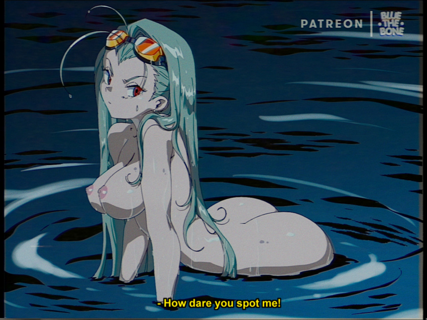1girl antenna_hair artist_name ass bluethebone breasts english_commentary english_text goggles goggles_on_head green_hair loch_ness_monster long_hair medium_breasts naelle_the_loch_ness_monster nipples nude original partially_submerged red_eyes retro_artstyle solo subtitled