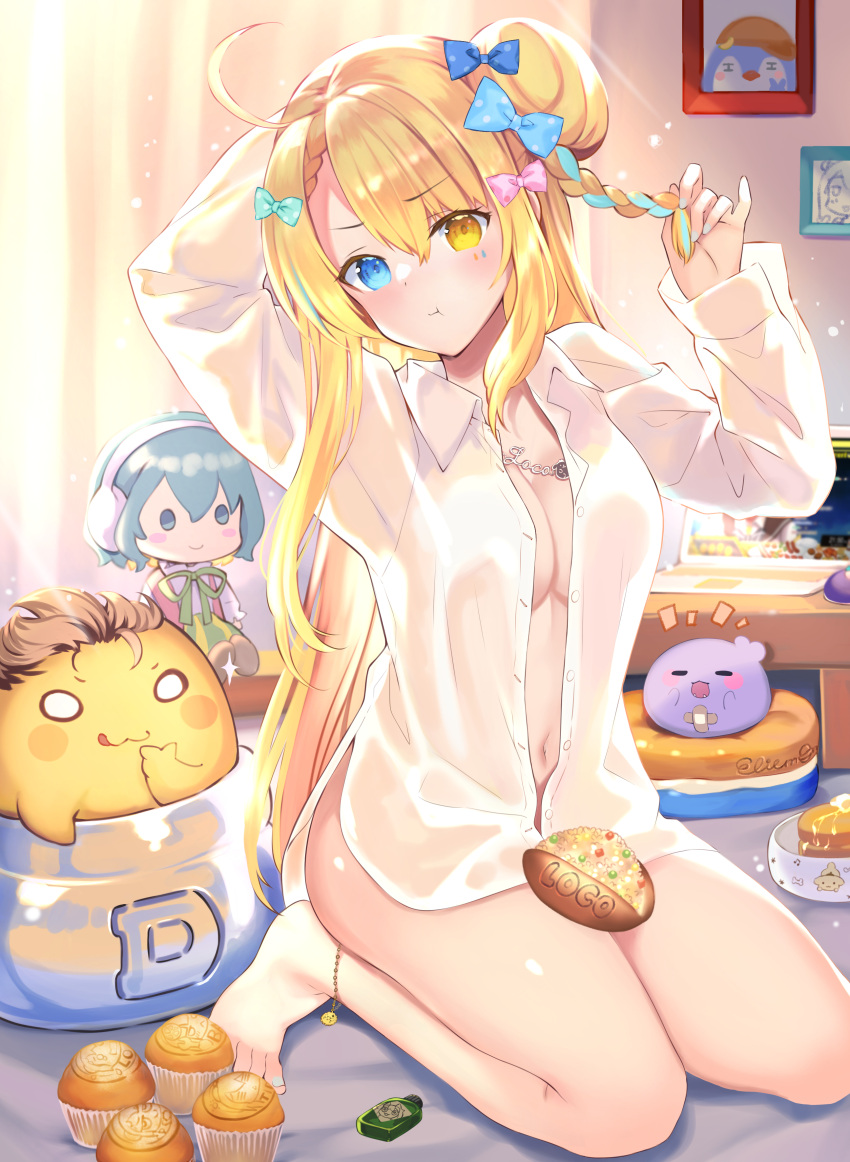 1girl absurdres anklet bangs barefoot blonde_hair blue_eyes blush braid breasts character_doll cleavage eyebrows_visible_through_hair food hair_bun hair_ornament heterochromia highres indie_virtual_youtuber jewelry loco_lost long_hair looking_at_viewer muffin naked_shirt navel necklace pout rei_(rei's_room) shirt sitting solo yellow_eyes