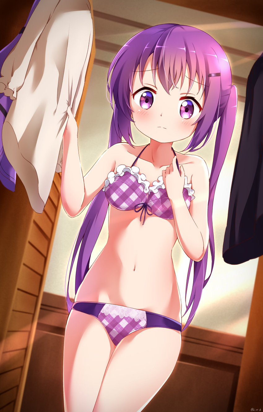 1girl absurdres blush bra changing_room closed_mouth embarrassed gochuumon_wa_usagi_desu_ka? highres legs_together navel painter-lhb panties purple_eyes purple_hair solo tedeza_rize twintails underwear