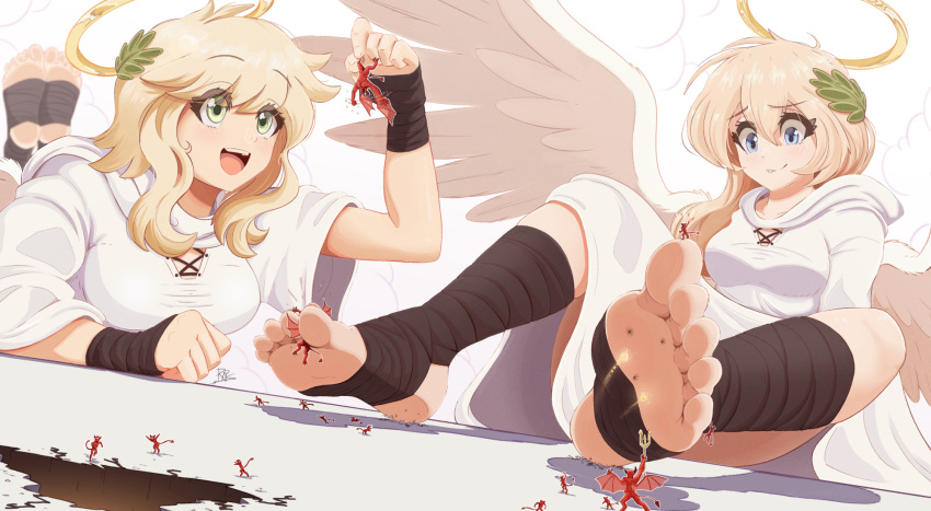 2girls :d angel angel_wings ankle_wrap bandaged_hands bandages bangs between_toes blonde_hair blue_eyes blush breasts commentary demon dress english_commentary eyebrows_visible_through_hair eyes_visible_through_hair feathered_wings feet full_body giant giantess green_eyes hair_between_eyes halo hand_wraps highres holding hole hood hood_down hooded_dress kneehighs laurel_crown leg_wrap long_hair looking_at_viewer lying medium_breasts multiple_girls no_shoes on_stomach open_mouth original polearm raps_(yohomeboyraps) signature simple_background sitting smile soles stirrup_legwear toeless_legwear toes trident upper_teeth weapon white_background white_dress white_legwear white_wings wide_sleeves wings wrist_wrap
