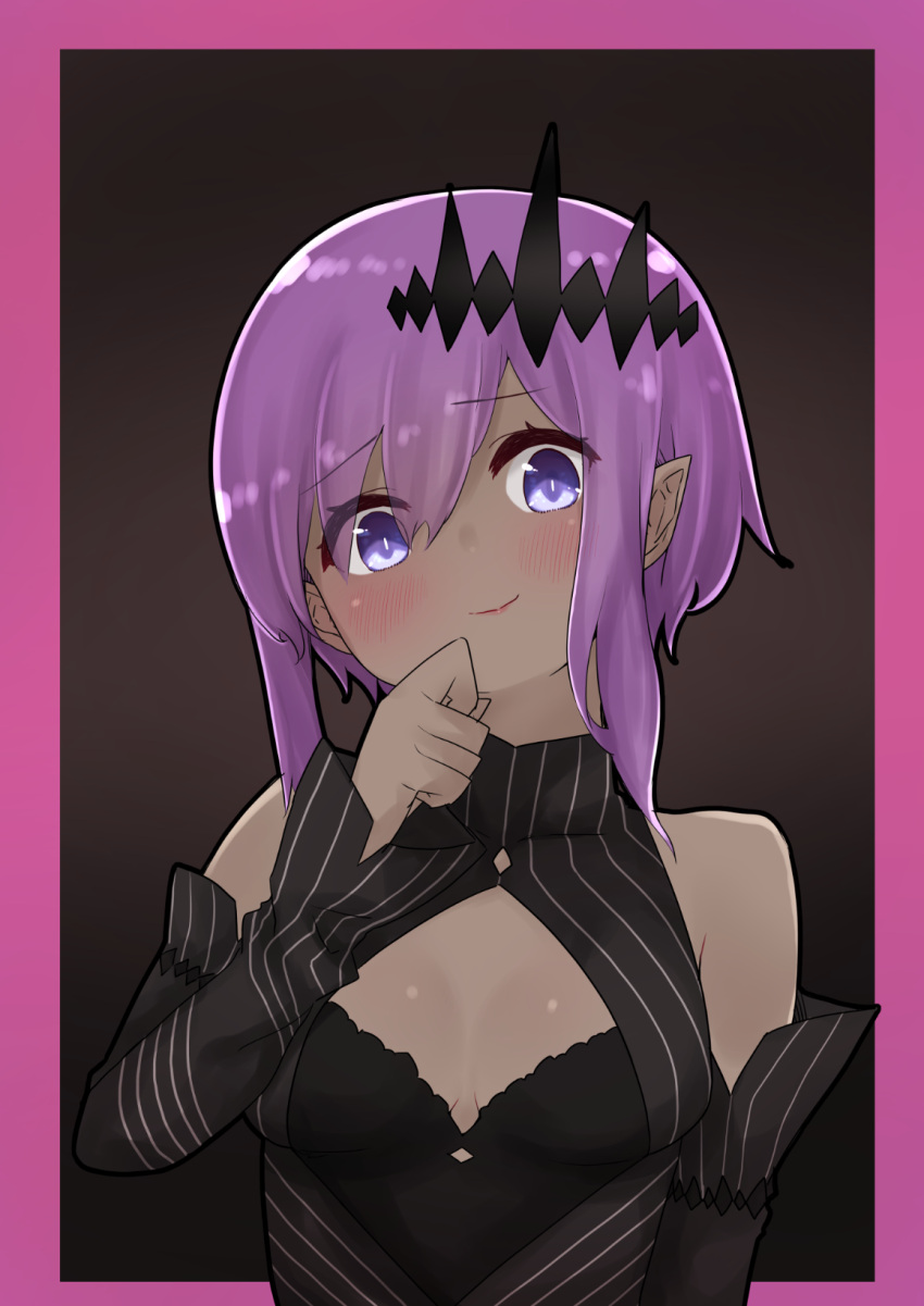 1girl bangs bare_shoulders black_dress black_sleeves breasts closed_mouth dark-skinned_female dark_skin detached_sleeves dress eyebrows_visible_through_hair fate/prototype fate/prototype:_fragments_of_blue_and_silver fate_(series) hair_between_eyes hand_up hassan_of_serenity_(fate) head_tilt highres i.u.y long_sleeves looking_at_viewer pointy_ears purple_eyes purple_hair sleeveless sleeveless_dress sleeves_past_wrists small_breasts smile solo upper_body