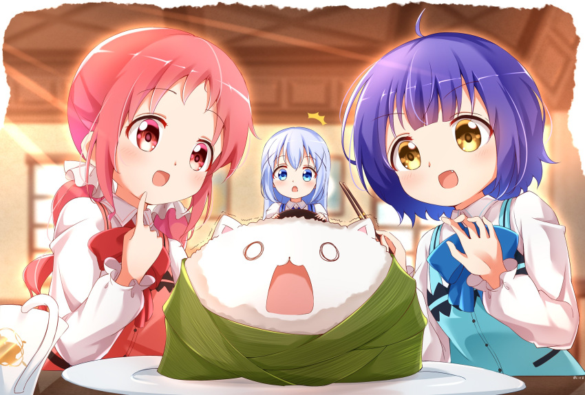 3girls angora_rabbit blue_bow blue_eyes blue_hair blue_vest blurry blurry_background bow bunny chimame-tai chopsticks coffee_mug cup fang gochuumon_wa_usagi_desu_ka? hair_ornament highres jouga_maya kafuu_chino light_blue_hair long_hair mug multiple_girls natsu_megumi open_mouth painter-lhb plate ponytail purple_hair rabbit_house_uniform red_bow red_eyes red_hair short_hair tippy_(gochiusa) vest x_hair_ornament yellow_eyes