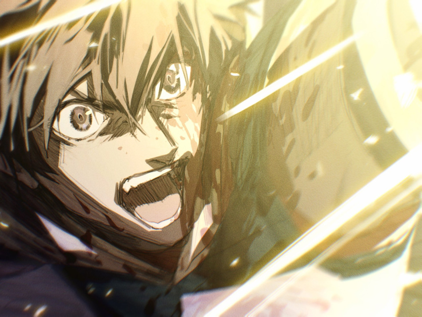 1boy arash_(fate) black_hair blood blood_on_face close-up dark-skinned_male dark_skin fate/grand_order fate/prototype fate/prototype:_fragments_of_blue_and_silver fate_(series) glowing highres injury male_focus mosako open_mouth shouting solo
