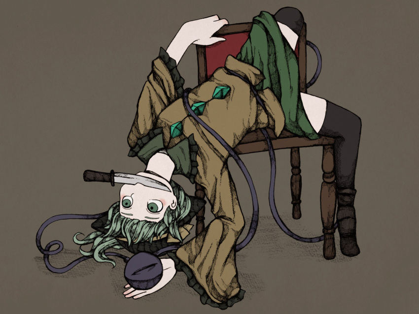1girl awk_chan black_legwear blouse bow chair collared_shirt eyeball frilled_shirt_collar frilled_sleeves frills gensoukyou green_eyes green_hair green_skirt hat hat_bow hat_ribbon heart heart_of_string highres holding holding_weapon kitchen_knife knife knife_in_mouth komeiji_koishi long_sleeves ribbon shirt skirt solo thighhighs third_eye touhou wavy_hair weapon wide_sleeves yellow_blouse yellow_bow yellow_ribbon yellow_shirt