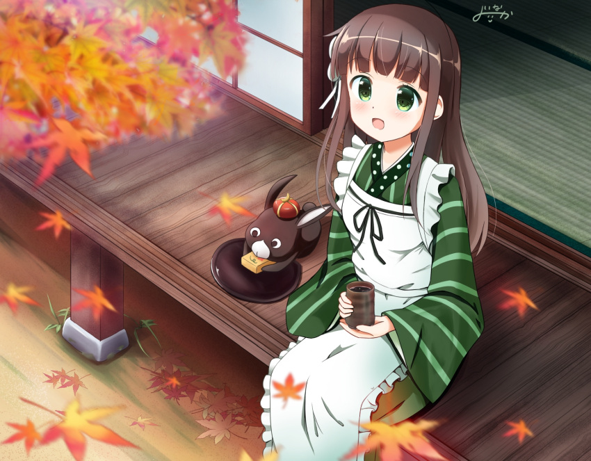 1girl ama_usa_an_uniform anko_(gochiusa) apron bangs blunt_bangs brown_hair bunny crown cup flower gochuumon_wa_usagi_desu_ka? green_eyes green_kimono hair_flower hair_ornament highres inakami japanese_clothes kimono long_hair open_door open_mouth polka_dot_trim sitting sliding_doors smile solo striped striped_kimono tatami tea teacup ujimatsu_chiya veranda white_apron white_flower