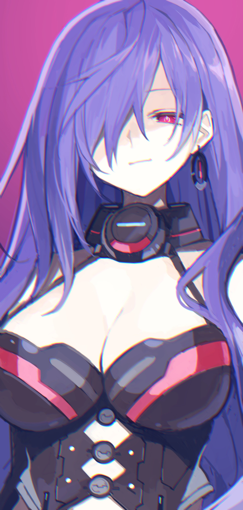 1girl absurdres blue_hair breasts buran_buta chromatic_aberration cleavage closed_mouth earrings hair_over_one_eye highres iris_heart jewelry kami_jigen_game_neptune_v long_hair looking_at_viewer medium_breasts neptune_(series) pink_background red_eyes simple_background smile solo upper_body