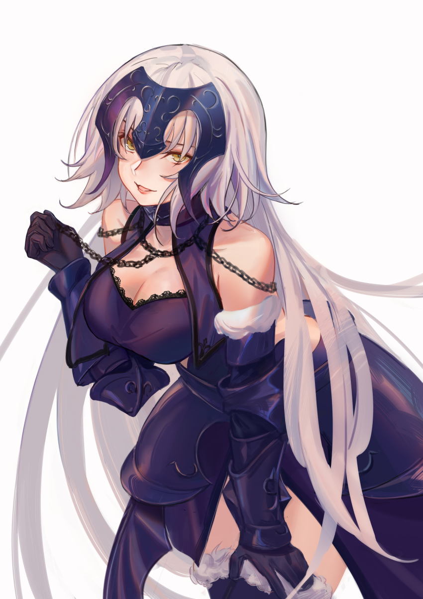 1girl absurdres armor armored_dress asagami_(hnt16303310) bangs bare_shoulders blush breasts chain cleavage collar fate/grand_order fate_(series) faulds gauntlets headpiece highres jeanne_d'arc_(alter)_(fate) jeanne_d'arc_(fate)_(all) large_breasts leaning_forward long_hair looking_at_viewer metal_collar plackart silver_hair smile thighhighs thighs very_long_hair yellow_eyes