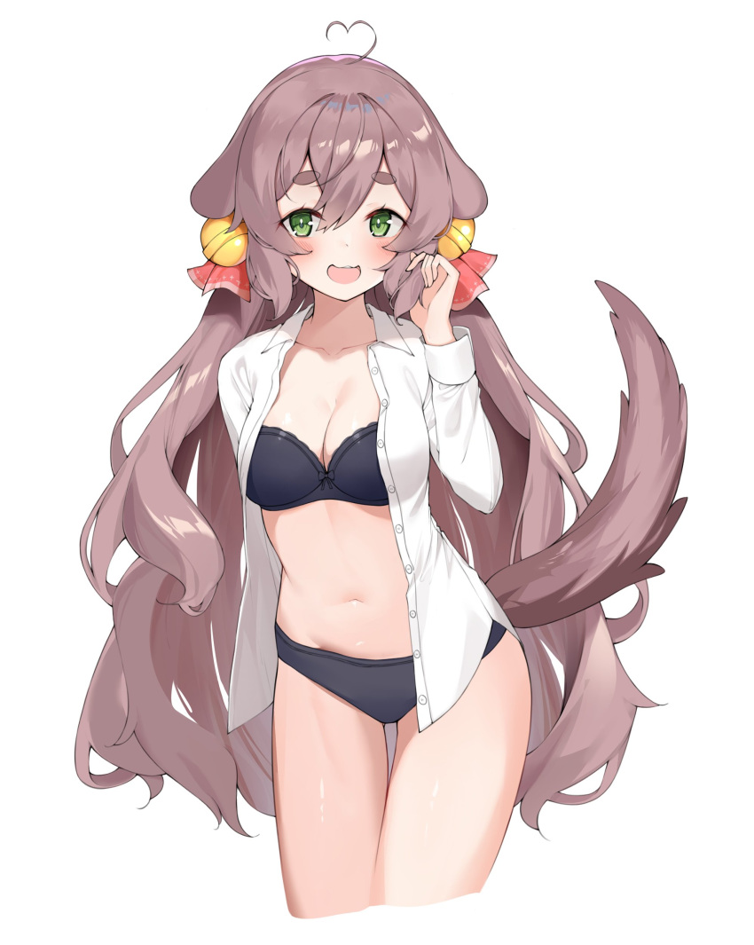 1girl absurdres ahoge animal_ears arm_behind_back arm_up bell black_bra black_panties blush bra breasts brown_hair cleavage commission dog_ears dog_girl dog_tail dress_shirt eyebrows green_eyes hair_ornament heart_ahoge highres holding holding_hair jingle_bell long_hair messy_hair navel no_pants open_clothes open_mouth open_shirt original panties rui_p shirt smile solo tail thigh_gap thighs underwear very_long_hair white_shirt