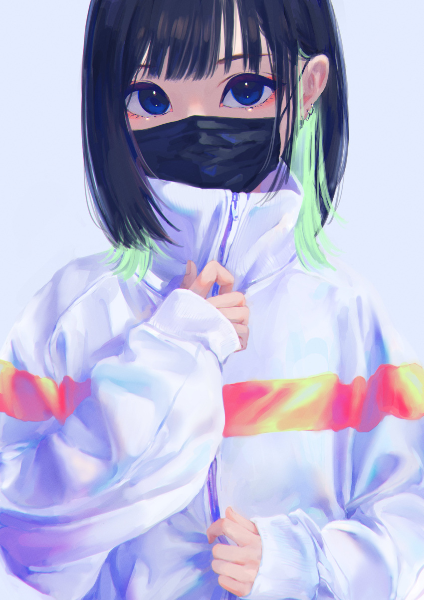 1girl absurdres bangs blue_background blue_eyes colored_inner_hair earrings eyebrows_behind_hair eyeshadow hair_behind_ear head_tilt highres jacket jewelry looking_at_viewer makeup multicolored_hair orange_eyeshadow original ritao_kamo short_hair solo turtleneck_jacket upper_body white_jacket zipper