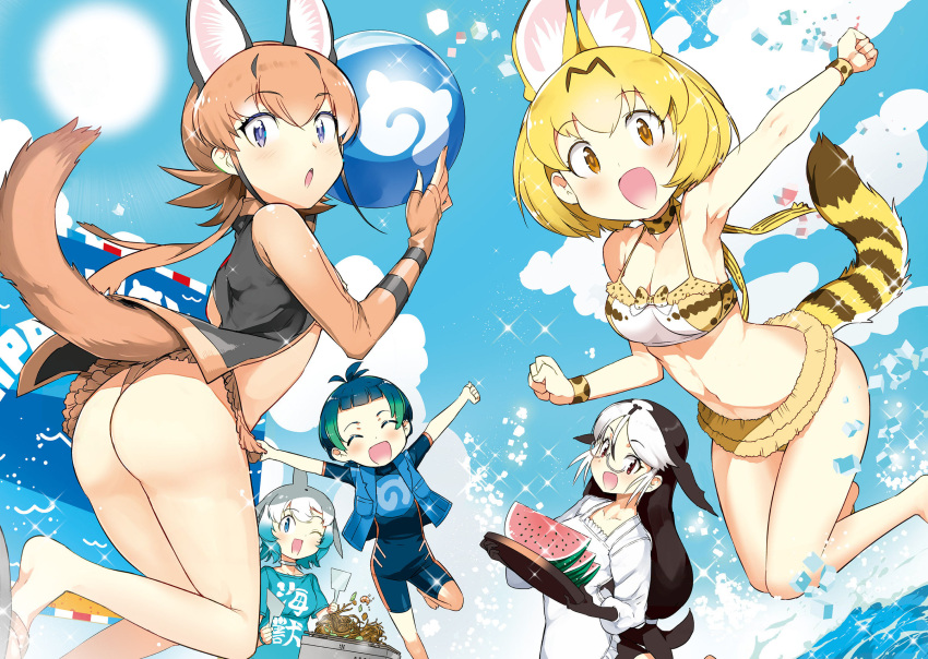 1boy 4girls ahoge animal_ears animal_print apron ass ball beach beachball bikini blowhole blue_eyes blue_hair blue_shirt bra brown_hair california_sea_lion_(kemono_friends) caracal_(kemono_friends) caracal_ears caracal_tail clenched_hand clenched_hands closed_eyes cloud collarbone common_bottlenose_dolphin_(kemono_friends) cooking day diving_suit dot_nose extra_ears eyebrows_visible_through_hair feet fingerless_gloves flip-flops flipped_hair food frilled_bikini frills fruit glasses gloves gradient_hair green_hair grey_hair happy highres jacket japari_symbol jumping kemono_friends kyururu_(kemono_friends) leg_up legs long_hair looking_at_viewer multicolored_hair multiple_girls naitou_ryuu navel open_mouth orange_bikini orange_hair orange_swimsuit sandals scarf serval_(kemono_friends) serval_ears serval_print serval_tail shirt short_hair sidelocks sky smile sparkle spatula stretch summer sun surprised swimsuit swimsuit_under_clothes t-shirt tail third-party_edit two-tone_hair underwear water watermelon waves wristband yakisoba yellow_eyes