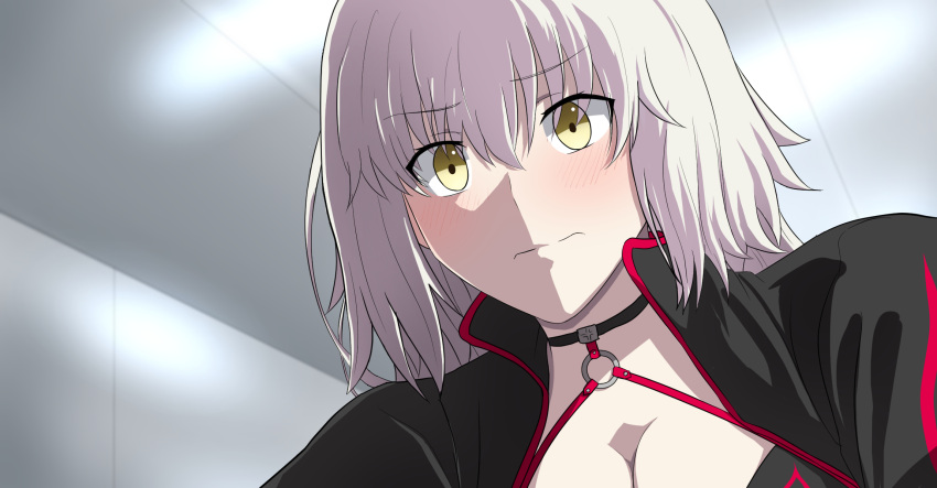 1girl blush embarrassed eyebrows_visible_through_hair fate/grand_order fate_(series) hair_between_eyes halterneck highres indoors jacket jeanne_d'arc_(alter_swimsuit_berserker)_(fate) jeanne_d'arc_(fate)_(all) kawakun long_hair pale_skin solo white_hair yellow_eyes