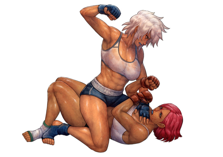 2girls abs absurdres angry blazblue blazblue:_chronophantasma blocking breasts bullet_(blazblue) cirenk company_connection dark-skinned_female dark_skin fighting giovanna_(guilty_gear) guilty_gear guilty_gear_strive hand_on_another's_chest highres medium_breasts mma_gloves multiple_girls pinned punching red_hair shiny shiny_skin short_hair shorts simple_background sitting sitting_on_person socks sports_bra sportswear thighs toned white_hair