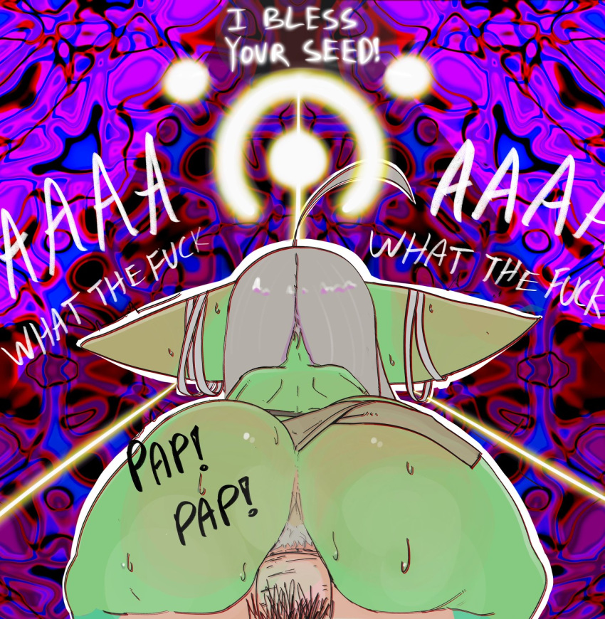 1girl ahoge anus ass colored_skin drugged english_text female_goblin female_pubic_hair from_behind gigawix girl_on_top glowing goblin green_skin highres large_ears light_beam loincloth_aside long_hair original penis pov pov_crotch psychedelic pubic_hair reverse_cowgirl_position ribbon screaming sex sex_from_behind silver_hair straddling sweat symbol vaginal